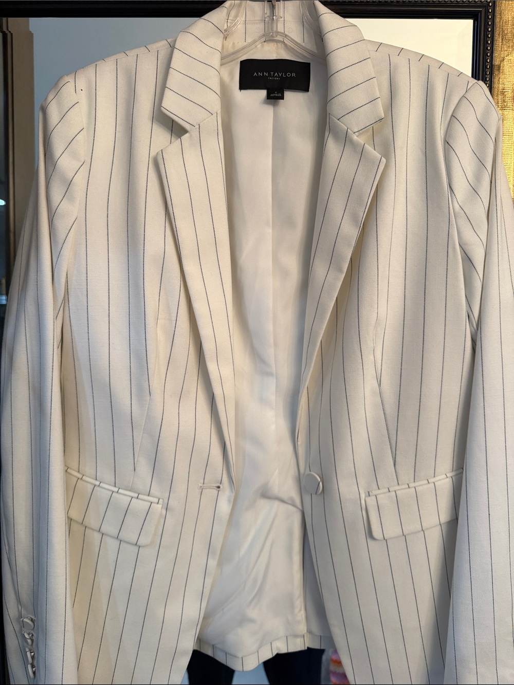 Ann Taylor White Blazer with Navy Pinstripes